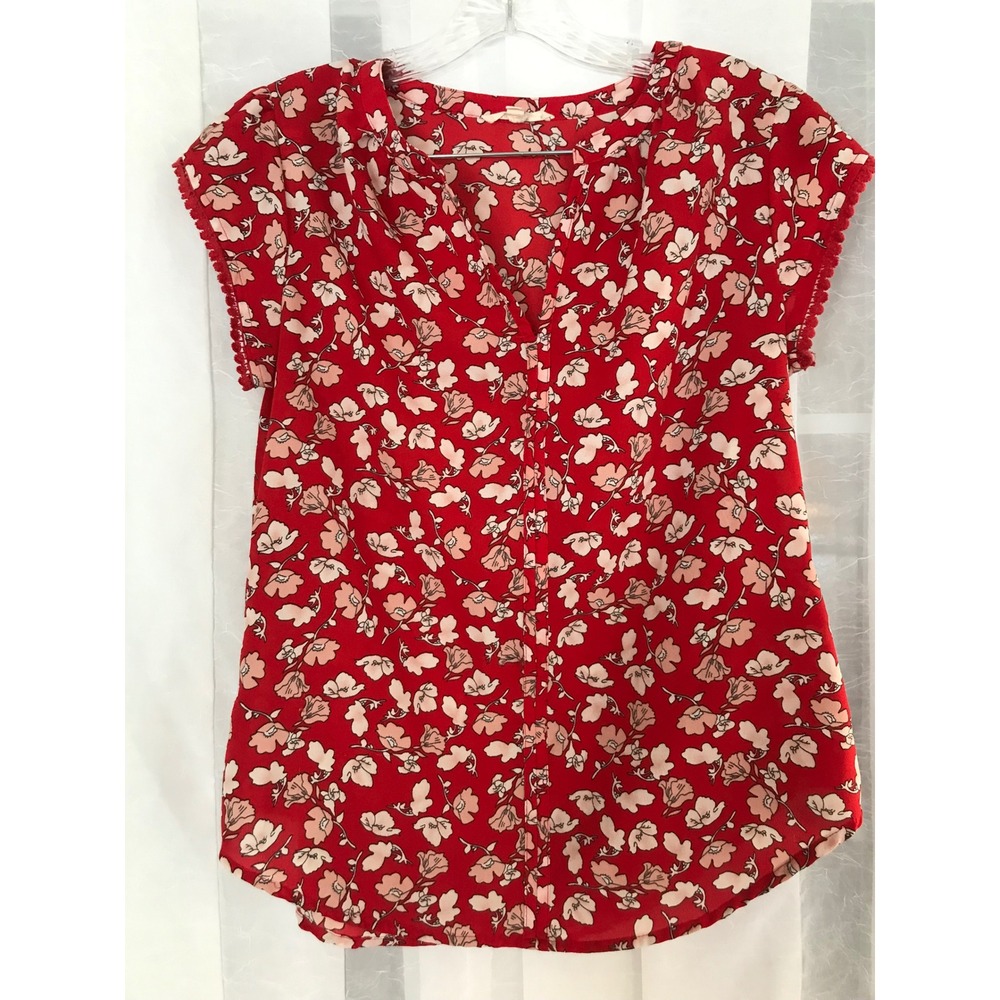 fun2fun Red Floral Cap Sleeve Blouse with Pom Pom Trim Split V-Neck‎ Medium
